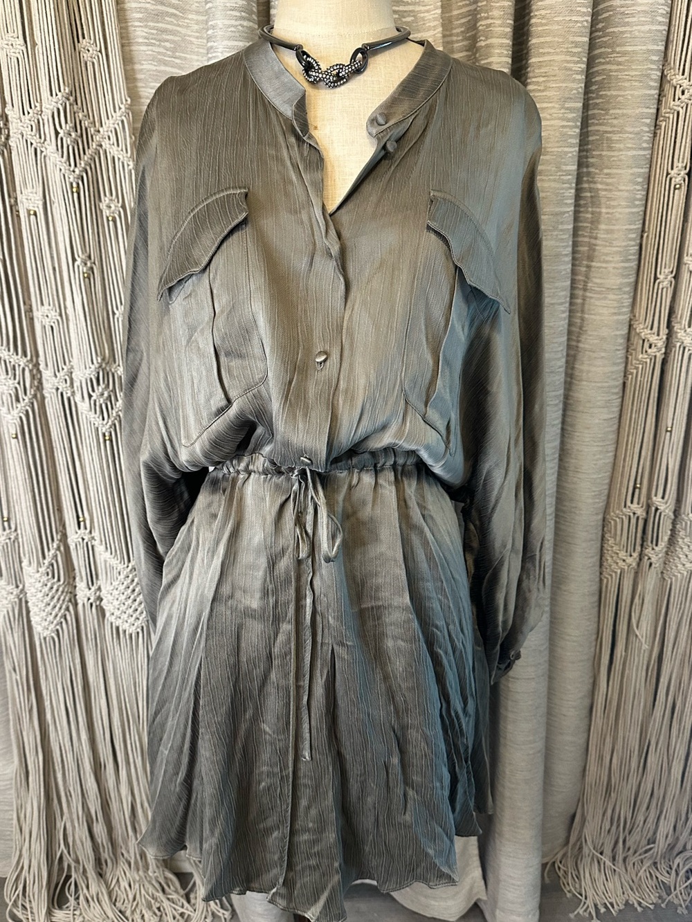 Shona Joy Olive Satin Mini Dress Balloon Sleeve Tie Waist NWT Size 10